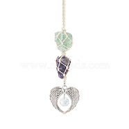 Natural Raw Amethyst and Natural Green Aventurine Pendant Decoration, Cord Macrame Car Hanging Ornament, with Alloy Double Angel Wing Heart & Faceted Clear Ball, 185~190mm(HJEW-WH0043-19A)
