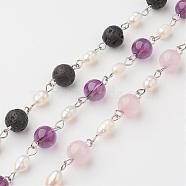 Handmade Chains for Necklaces Bracelets Making, with Gemstone, Grade A Natural Freshwater Pearl and 304 Stainless Steel Eye Pin, Unwelded, 39.37 inch(1m)(AJEW-JB00261)