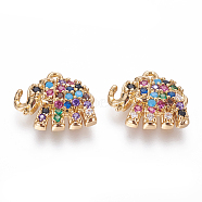 Brass Micro Pave Cubic Zirconia Charms, Elephant, Golden, Colorful, 9x11.5x2.5mm, Hole: 1mm(ZIRC-L075-41G)