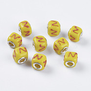 Handmade Lampwork European Beads, Large Hole Beads, with Silver Plated Brass Core, Cube, with Letter N, Cube, Yellow, about 11mm wide, 12mm long, hole: 5mm(DA396-N)