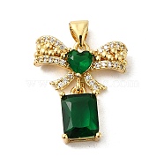 Rack Plating Brass Micro Pave Cubic Zirconia Pendants, Cadmium Free & Lead Free, Long-Lasting Plated, Real 18K Gold Plated, Bowknot with Rectangle, Dark Green, 22x19x4.5mm, Hole: 5x3.5mm(KK-P241-19G-03)