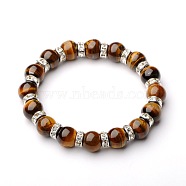 Gemstone Stretch Bracelets, with Silver Color Plated Brass Middle East Rhinestone Beads, Tiger Eye, 54mm(BJEW-JB01533-01)