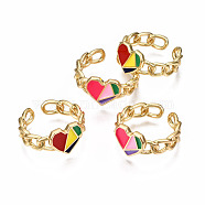 Brass Enamel Cuff Rings, Open Rings, Nickel Free, Curb Chain, Heart, Real 16K Gold Plated, Mixed Color, US Size 8 1/4(18.3mm)(RJEW-N035-003-NF)