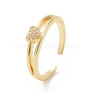 Clear Cubic Zirconia Heart Open Cuff Ring, Brass Jewelry for Women, Golden, Inner Diameter: 16mm(RJEW-E072-12G)