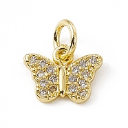 Brass Micro Pave Clear Cubic Zirconia Butterfly Charms, with Open Jump Rings, Real 18K Gold Plated, 7.5x10x1.5mm, Ring: 5x0.8mm, Hole: 3mm(ZIRC-F132-43G)