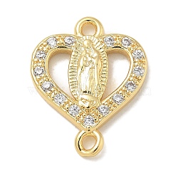 Rack Plating Brass Micro Pave Clear Cubic Zirconia Religion Heart Virgin Mary Connector Charms, Long-Lasting Plated, Lead Free & Cadmium Free, Real 18K Gold Plated, 16x12.5x2.2mm, Hole: 1.6mm(KK-L224-099G-03)