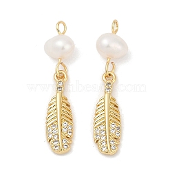 Natural Cultured Freshwater Pearl & Brass Pendants, with Micro Pave Cubic Zirconia, Feather Charms, Rack Plating, Cadmium Free & Lead Free, Long-Lasting Plated, Real 18K Gold Plated, 27x6.5x5.5mm, Hole: 1.8mm(KK-U062-09G)