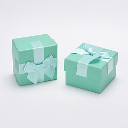 Cardboard Jewelry Boxes, with Satin Ribbon Bowknot, square, Light Sea Green, 7.5x7.5x5.7cm(X-CBOX-D001-01A)