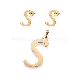 304 Stainless Steel Pendants and Stud Earrings Jewelry Sets, Alphabet, Letter.S, 32x16x1.5mm, Hole: 6x3mm, 17x10x1.5mm, Pin: 0.8mm(SJEW-P101-18G)