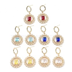 Flat Round Light Gold Brass Micro Pave Cubic Zirconia Stud Earrings, Glass Drop Earrings, Mixed Color, 35x20mm(EJEW-Q800-48KCG)