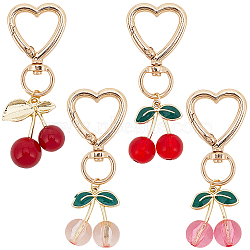 4Pcs 4 Styles Resin Cherry Pendant Decorations, with Alloy Key Rings Clasp, Light Gold, Mixed Color, 67~72mm, 1pc/style(KEYC-CP0001-38)