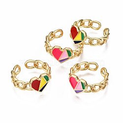 Brass Enamel Cuff Rings, Open Rings, Nickel Free, Curb Chain, Heart, Real 16K Gold Plated, Mixed Color, US Size 8 1/4(18.3mm)(RJEW-N035-003-NF)