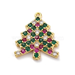 Christmas Series Brass Micro Pave Cubic Zirconia Pendants, Lead Free & Cadmium Free Charms, Christmas Tree, 22x19x3mm, Hole: 1.2mm(KK-Q010-01G-07)