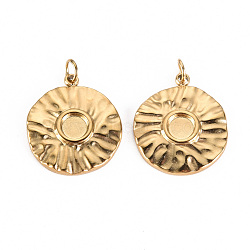 Hammered 304 Stainless Steel Pendant Cabochon Settings, with Jump Rings, Flat Round, Real 14K Gold Plated, Tray: 1/8 inch(4mm), 17.5x15x2mm, Jump Ring: 3.8x0.5mm, 2.8mm inner diameter(STAS-S116-239G)