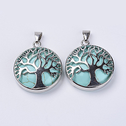 Dyed Synthetic Turquoise Pendants, with Platinum Plated Brass Findings, Flat Round with Tree of Life, 31x27x8mm, Hole: 3.5x7mm(G-P350-D12)