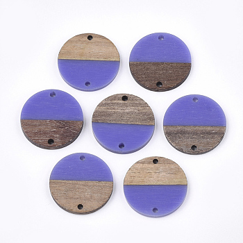 Resin & Walnut Wood Links connectors, Flat Round, Mauve, 24.5~25x2.5~4.5mm, Hole: 2mm