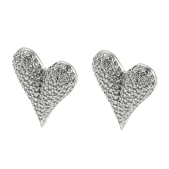 Heart Shape Brass Micro Pave Clear Cubic Zirconia Stud Earrings, Long-Lasting Plated, Cadmium Free & Lead Free, Platinum, 24x20mm
