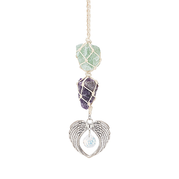 Natural Raw Amethyst and Natural Green Aventurine Pendant Decoration, Cord Macrame Car Hanging Ornament, with Alloy Double Angel Wing Heart & Faceted Clear Ball, 185~190mm
