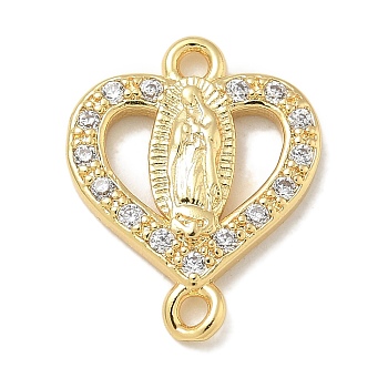 Rack Plating Brass Micro Pave Clear Cubic Zirconia Religion Heart Virgin Mary Connector Charms, Long-Lasting Plated, Lead Free & Cadmium Free, Real 18K Gold Plated, 16x12.5x2.2mm, Hole: 1.6mm