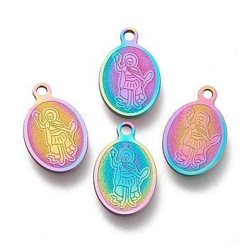Ion Plating(IP) 304 Stainless Steel Charms, Laser Cut, Oval with Saint, Rainbow Color, 14.5x9x0.5mm, Hole: 1.2mm