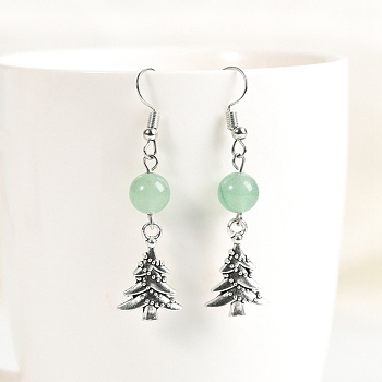 Natural Green Aventurine Dangle Earrings, Alloy Christmas Tree Jewelry for Women, 53x8mm