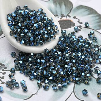 Full Rainbow Plated Transparent Electroplate Glass Beads, Faceted, Bicone, Marine Blue, 2x2mm, Hole: 0.7mm, about 720pcs/bag