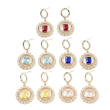 Flat Round Light Gold Brass Micro Pave Cubic Zirconia Stud Earrings, Glass Drop Earrings, Mixed Color, 35x20mm