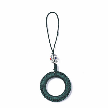 Polyester Tassel Woven Big Pendant Decorations, with Alloy Enamel Findings and Plastic Beads, Antique Silver, Teal, 110~115mm
