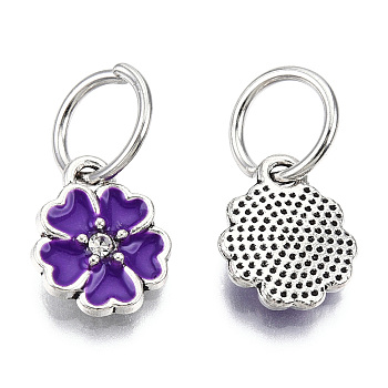 Enamel Style Flower Alloy Rhinestone Charms, with Iron Findings, Antique Silver, Indigo, 13.5x11x3mm, Hole: 6mm