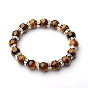 Gemstone Stretch Bracelets, with Silver Color Plated Brass Middle East Rhinestone Beads, Tiger Eye, 54mm