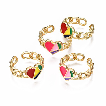 Brass Enamel Cuff Rings, Open Rings, Nickel Free, Curb Chain, Heart, Real 16K Gold Plated, Mixed Color, US Size 8 1/4(18.3mm)