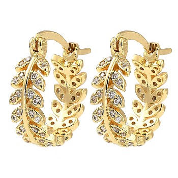 Rack Plating Brass Micro Pave Clear Cubic Zirconia Hoop Earrings, Leafy Branch, Real 16K Gold Plated, 17.5x18x5.5mm