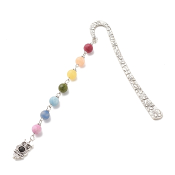 Tibetan Style Alloy Bookmarks, with Chakra Theme Frosted Natural Gemstone Beaded Pendant, Owl, Antique Silver, 145mm