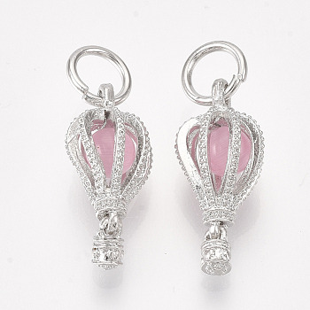 Alloy Pendants, with Cat Eye Inside, Hot Air Balloon, Platinum, Pink, 23x10x10mm, Hole: 5.5mm