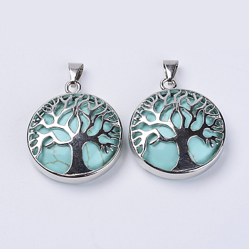 Dyed Synthetic Turquoise Pendants, with Platinum Plated Brass Findings, Flat Round with Tree of Life, 31x27x8mm, Hole: 3.5x7mm
