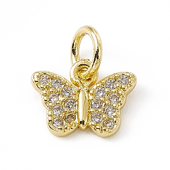 Brass Micro Pave Clear Cubic Zirconia Butterfly Charms, with Open Jump Rings, Real 18K Gold Plated, 7.5x10x1.5mm, Ring: 5x0.8mm, Hole: 3mm