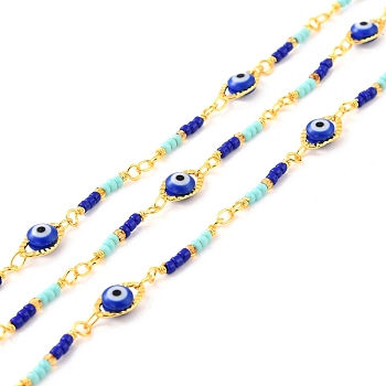 Handmade Brass Link Chains, with Glass Evil Eye & Seed Beads, Long-Lasting Plated, Soldered, with Spool, Rhombus, Golden, Colorful, Link: 10x6x3.5mm, 10.5x2mm