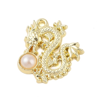 Rack Plating Alloy with ABS Imitation Pearl Pendants, Dragon
, Golden, 25x24x4.5mm, Hole: 2mm