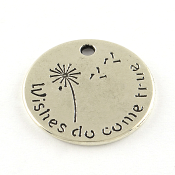 Tibetan Style Alloy Pendants, Flat Round with Word, Cadmium Free & Lead Free, Antique Silver, 20x1mm, Hole: 1.5mm