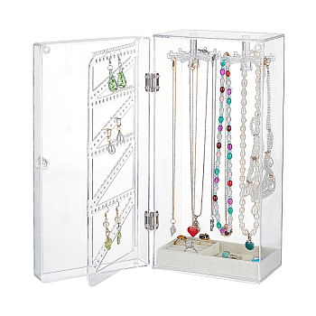 Rectangle Plastic Jewelry Organizer Storage Box with 24 Hooks, 72-Slot Rotatable Hanging Necklace Holder, with Dust-proof Velvet Jewelry Tray, for Earrings Rings Necklaces, Clear, 15.5x8x32cm