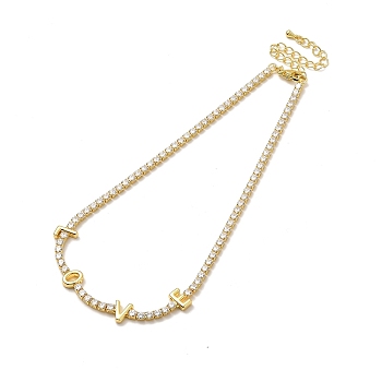 Clear Cubic Zirconia Chains Necklace for Girl Women Gift, Word LOVE Necklaces with Brass Chain Extender & Lobster Claw Clasps, Lead Free & Cadmium Free, Long-Lasting Plated, Real 18K Gold Plated, 13-3/8 inch(33.9cm)