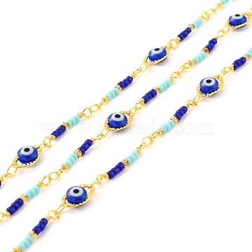 Handmade Brass Link Chains, with Glass Evil Eye & Seed Beads, Long-Lasting Plated, Soldered, with Spool, Rhombus, Golden, Colorful, Link: 10x6x3.5mm, 10.5x2mm(CHC-C019-18)