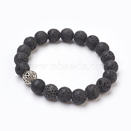 Natural Lava Rock Beads Stretch Bracelets, with Natural Black Agate(Dyed), Brass Cubic Zirconia Round Beads and Alloy Findings, 2-3/8 inch(6cm)(BJEW-JB03879-02)