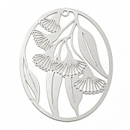 201 Stainless Steel Pendants, Etched Metal Embellishments, Oval with Leaf Charm, Stainless Steel Color, 40x30.5x0.2mm, Hole: 1.4mm(STAS-D023-07P)