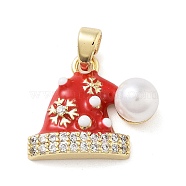 Christmas Theme Brass Micro Pave Cubic Zirconia Pendants, with Enamel and ABS Imitation Pearls, Real 18K Gold Plated, Hat, 14.5x17.5x7mm, Hole: 4.5x2.5mm(KK-F877-30G-02)