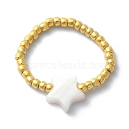 Natural Shell & TOHO Round Seed Braided Bead Style Finger Ring, Star, Inner Diameter: 16mm, Star: 8.5x8.6mm(RJEW-JR00599-04)