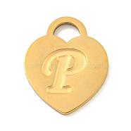 Ion Plating(IP) 304 Stainless Steel Pendants, Laser Cut, Heart with Letter Charm, Golden, Letter P, 15x12x1mm, Hole: 3x3.5mm(FIND-M017-01G-P)