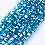 Electroplate Glass Beads Strands, AB Color Plated, Faceted, Cube, Dark Turquoise, 6x6x6mm, Hole: 1mm, about 100pcs/strand, 22 inch(EGLA-R030-6x6mm-14)