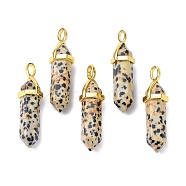 Natural Dalmatian Jasper Pointed Pendants, with Random Brass Pendant Hexagon Bead Cap Bails, Golden, Bullet, 38.5~40x12~12.5x10~11mm, Hole: 3x4.5mm(G-G025-01G-33)