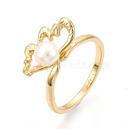 Flower Brass Finger Rings, with Natural Pearl, Real 14K Gold Plated, US Size 7 1/4(17.5mm), Flower: 16~17x10mm(RJEW-N049-01G)